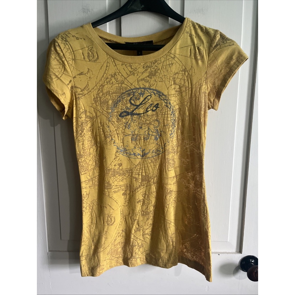 BCBG Max Azria Y2K Zodiac collection T-shirt - Leo Yellow Small Slim Burnout